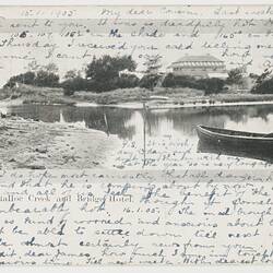 Postcard - Mordialloc Creek & Bridge Hotel, To J. B. Scott from Marion Flinn, Melbourne, 15 Jan 1905