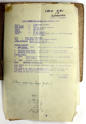 Document - Daily Order for HMAS Hobart, World War II, 9 Dec 1941