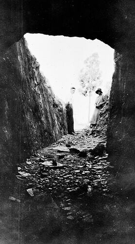 Looking out horizontally from a mine shaft.
