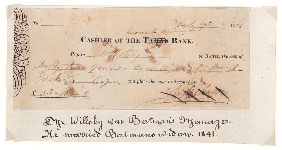 Cheque - John Batman to William Willoby (Willoughby), Victoria, Australia, 1838