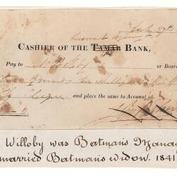Cheque - John Batman to William Willoby (Willoughby), Victoria, Australia, 27 Jul 1838