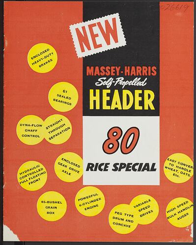 Publicity Brochure - H.V. McKay Massey Harris, 80 Rice Special Header Harvester, 1956