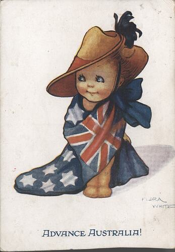 Illustration of baby in slouch hat wrapped in Australian flag, text below.