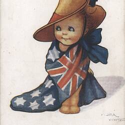 Illustration of baby in slouch hat wrapped in Australian flag, text below.