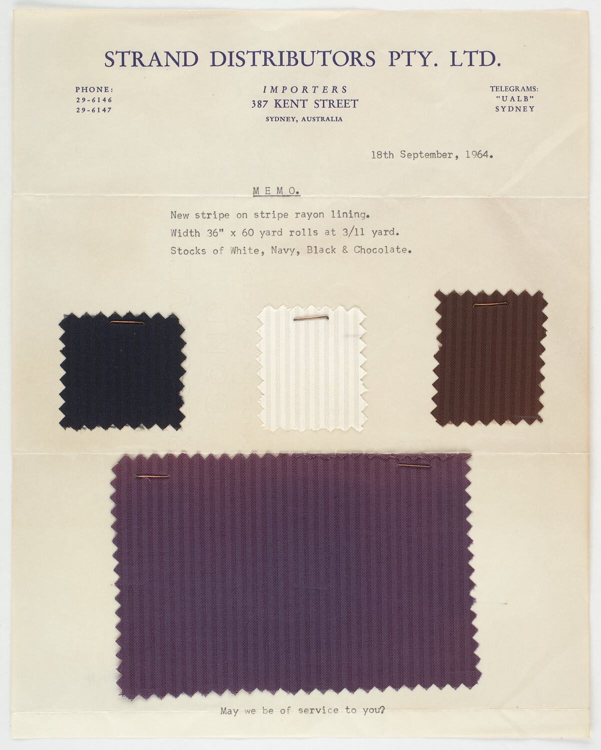 Strand Distributor Fabric Samples - Strand Distributors Pty Ltd, 1964