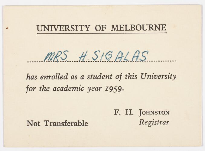 Student Card - Issued to Lili Sigalas, University of Melbourne