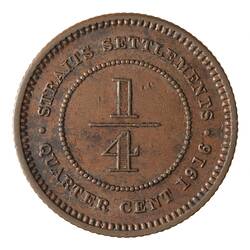 Coin - 1/4 Cent, Straits Settlements, 1916