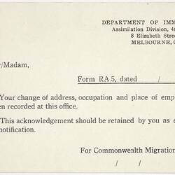 Card - Change of Address Acknowledgement, Department of Immigration Assimilation Division