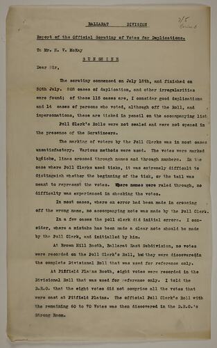 Report - Scrutiny of Votes for Ballarat Division, 31 Jul 1913