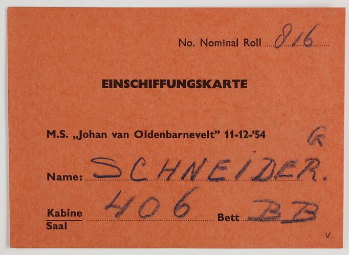 Embarkation Card - Nederland Shipping Line MV Johan van Oldenbarnevelt, Guenter Schneider, Dec 1954