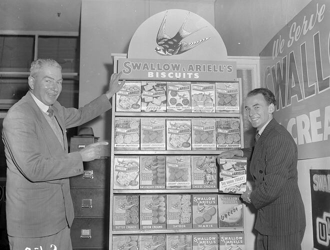 Swallow & Ariell Ltd, Two Men with Product Packaging, Melbourne, Victoria, 1953