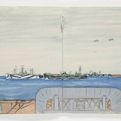 Open book page, with drawing multiple navy ships, drawn from point of view of another ship deck.