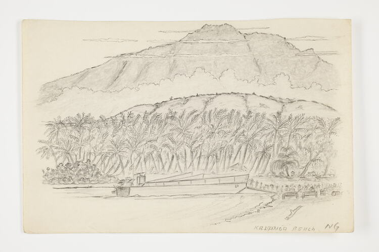 Drawing of a military landing ship and coastal view with mountains in background on off-white paper.