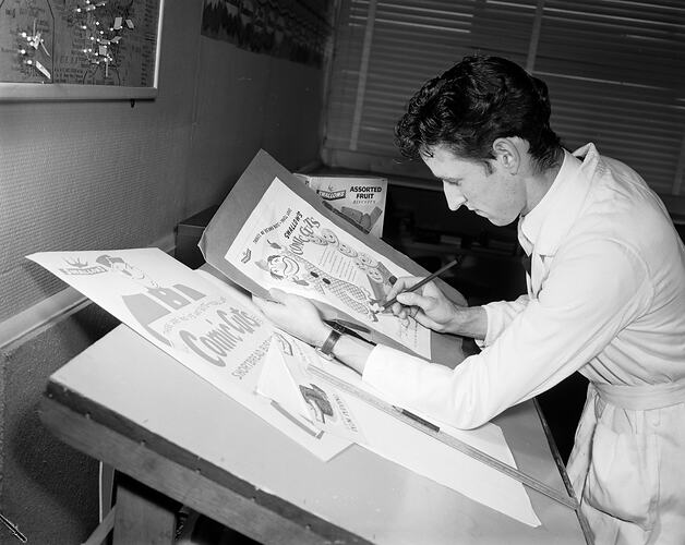 Negative - Swallow & Ariell Ltd, Staff Portrait of Man in Graphic Design Studio, Biscuit Manufactory, Port Melbourne, Victoria, 1958