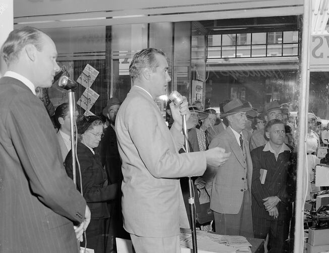 Negative - British Paints, Men Speaking to the Crowd, Victoria, Feb 1954