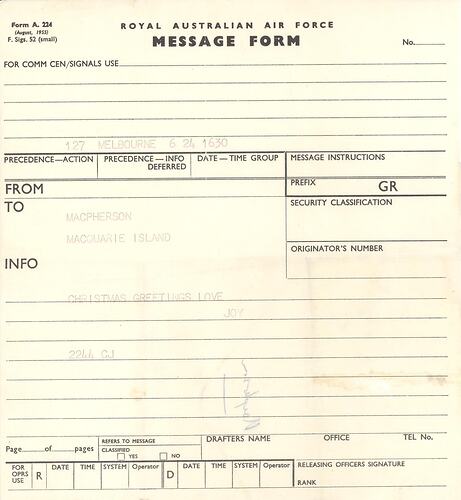 Telegram - From Joy to Hope Macpherson, Macquarie Island, Dec 1959