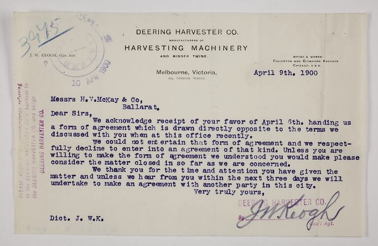 Letter - Deering Harvester Co., to H. V. McKay & Co., Agency for Combine Harvester, 9 Apr 1900