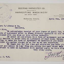 Letter - Deering Harvester Co., to H.V. McKay & Co., Agency for Combine Harvester, 9 Apr 1900