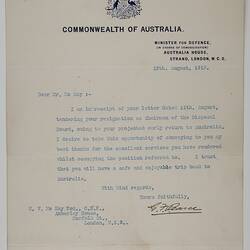 Letter - G. F. Pearce to H.V. McKay, Services on Disposal Board, 13 Aug 1919