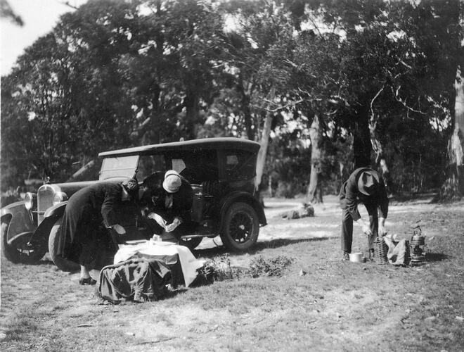 Photograph - Travellers Preparing Roadside Refreshments Beside Motor Car, by Jack Walton, Ballan, Victoria, 1928
