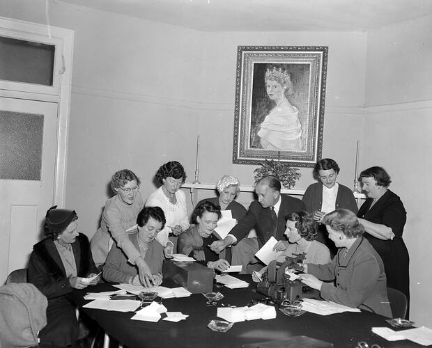 Overseas League, Men and Women Preparing Stationary, Melbourne, Victoria, Mar 1957