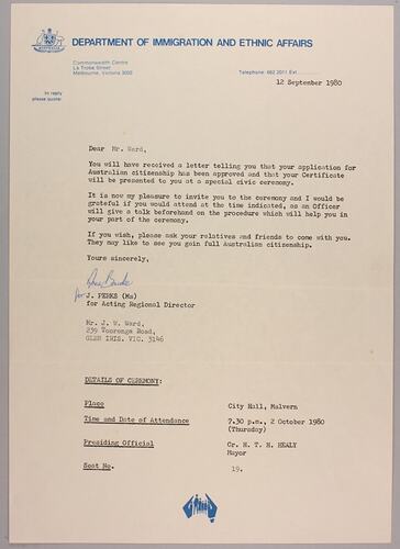 Letter - To Mr Ward from Department of Immigration and Ethnic Affairs, Melbourne, 12 Sep 1980