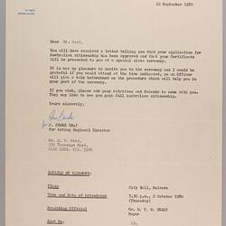 Letter - To Mr Ward from Department of Immigration & Ethnic Affairs, Melbourne, 12 Sep 1980