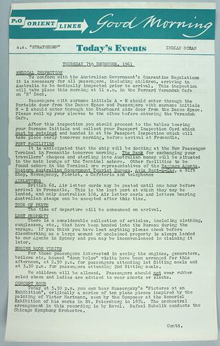 Information Sheet - P&O SS Stratheden, 'Today's Events', Indian Ocean, 7 Dec 1961