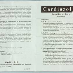 Leaflet - Drug, Cardiazol (Pentylenetetrazol), Knoll A.G. Chemical Works, circa 1950