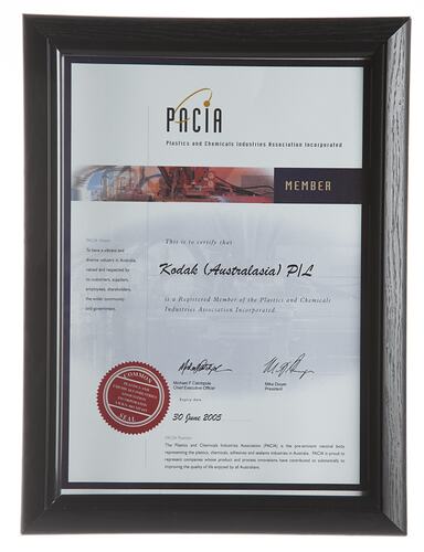 Certificate - PACIA Member, Presented to Kodak, Framed