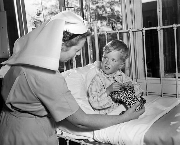 Royal Children's Hospital, Nurse and Boy, Carlton, Victoria, 11 May 1959