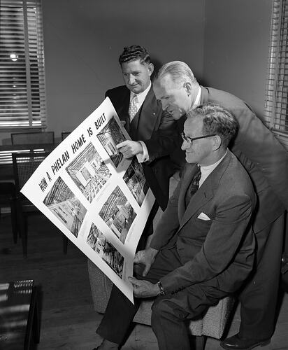 Phelan Ready Built Home, Group Looking at Advertising Material, Mount Martha, Victoria, 13 May 1959