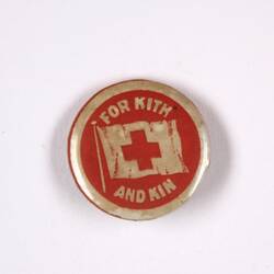Badge with white border and red background, with Red Cross flag and white writing.