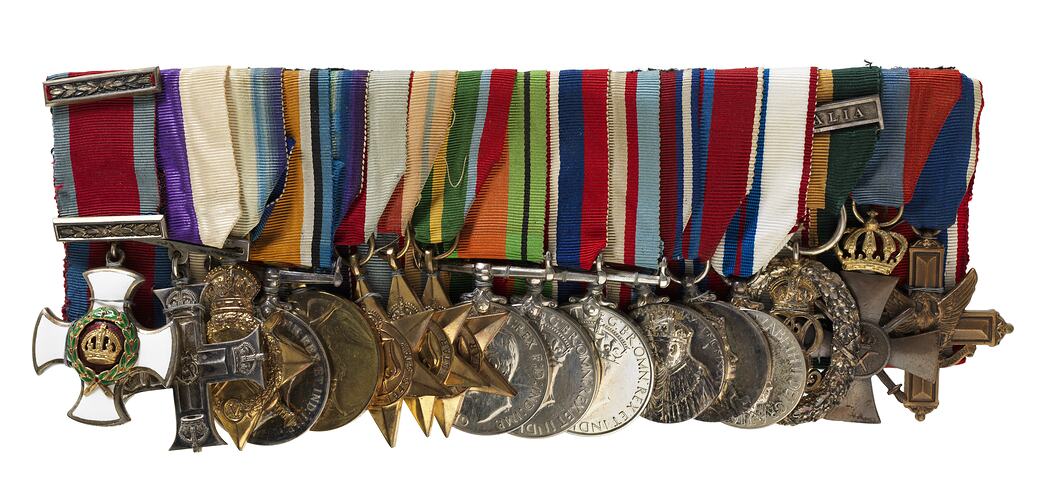 Group of seventeen mounted medals with ribbons.