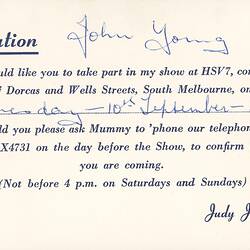 Invitation - HSV Channel 7, Judy Jacks Show to John Young, 1957