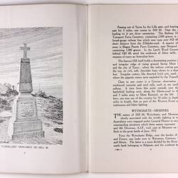 Open book page with illustration of grave on right page and printed text on left page.