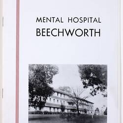 White booklet front cover. Features three-storey white building. Black and red printing.