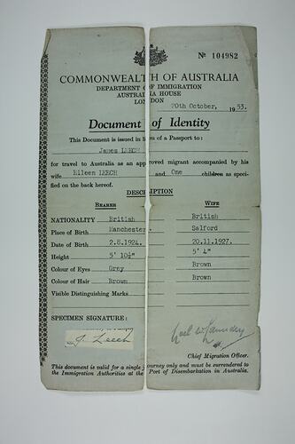Document of Identity - James & Eileen Leech, Australia House, London, 20 Oct 1953