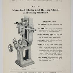 Illustrated with mortising machine and descriptive printed text.