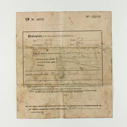 Certificate on creased off-white paper with printed and handwritten text.