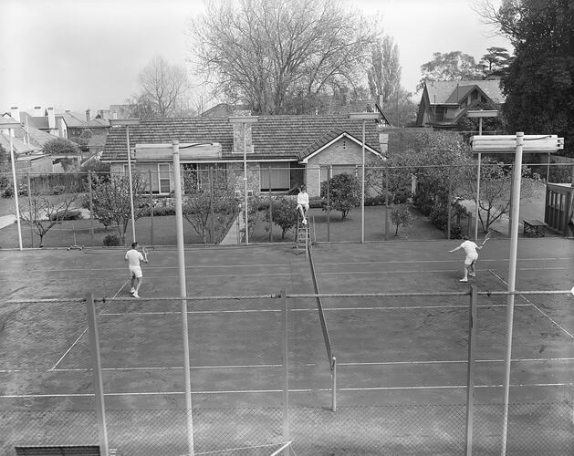 Men Playing a Tennis Match, Clendon Rd, Toorak, Victoria, 09 Oct 1959