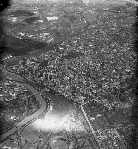 Monochrome aerial photograph of Melbourne.