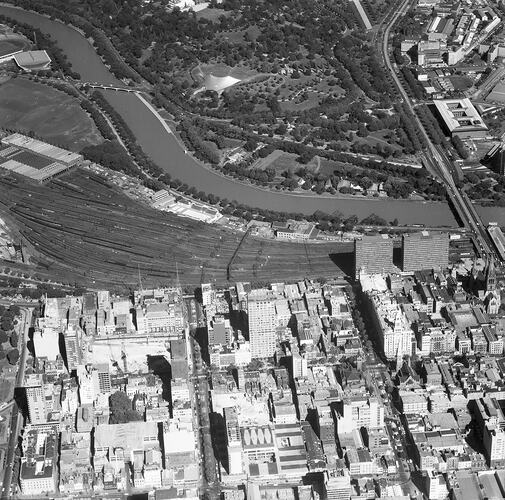 Monochrome aerial photograph of Melbourne.