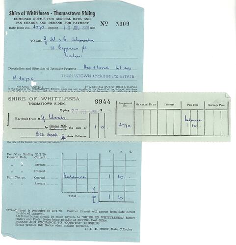 Rates Invoice & Receipt - Shire of Whittlesea, John Woods, Lalor, 13 Jul 1960