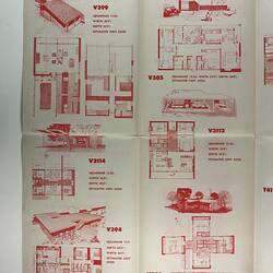 Part of large document showing house designs and elevations in red