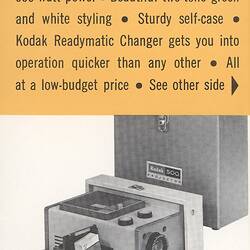Small leaflet with text and photograph of projector.