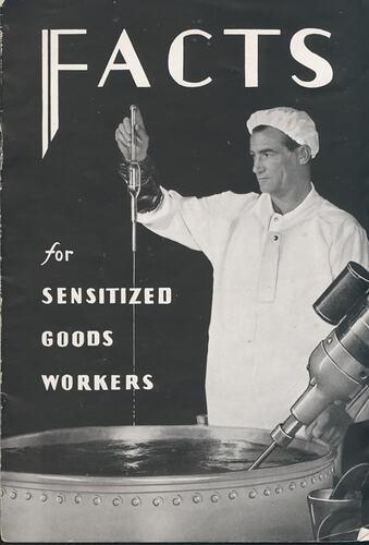 Booklet cover with photograph of man mixing chemicals.