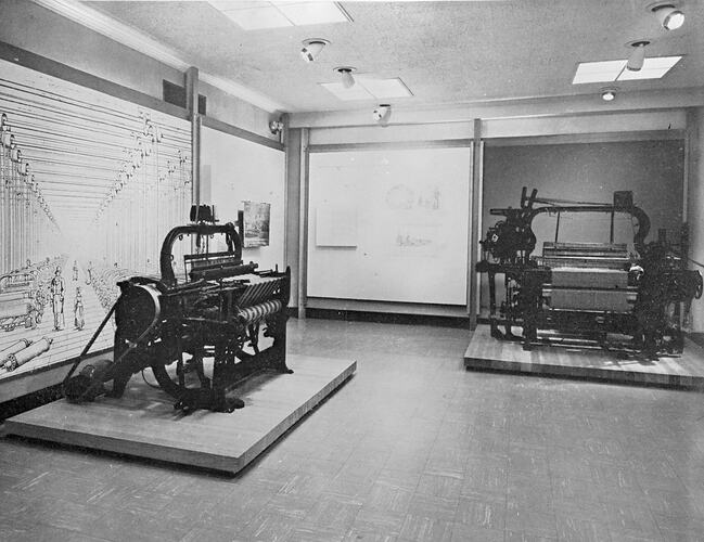 Looms on display at the Institute of Applied Science (Science Museum), Melbourne, c. 1960s