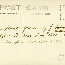 Postcard reverse with black printed and handwritten text.