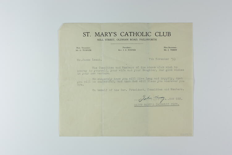 Letter - St Mary's Catholic Club, Failsworth to James Leech, England, 7 Nov 1953